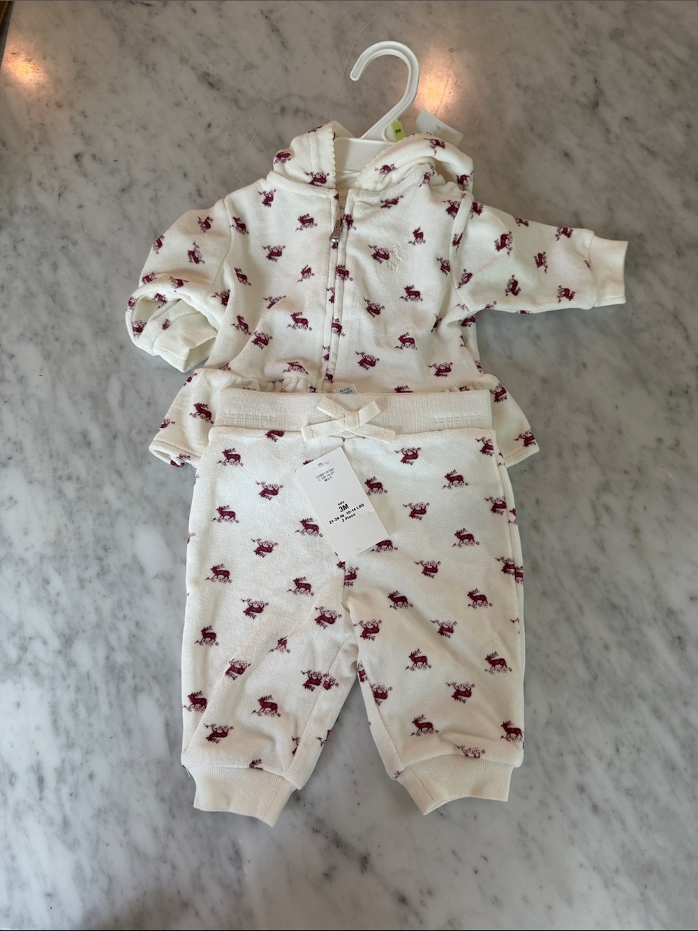 Ralph Lauren Cream and Burgundy Reindeer Hoodie Set